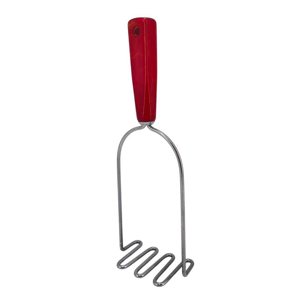 Vintage Androck Potato Masher Red Bakelite Handle Stainless Steel Made in USA